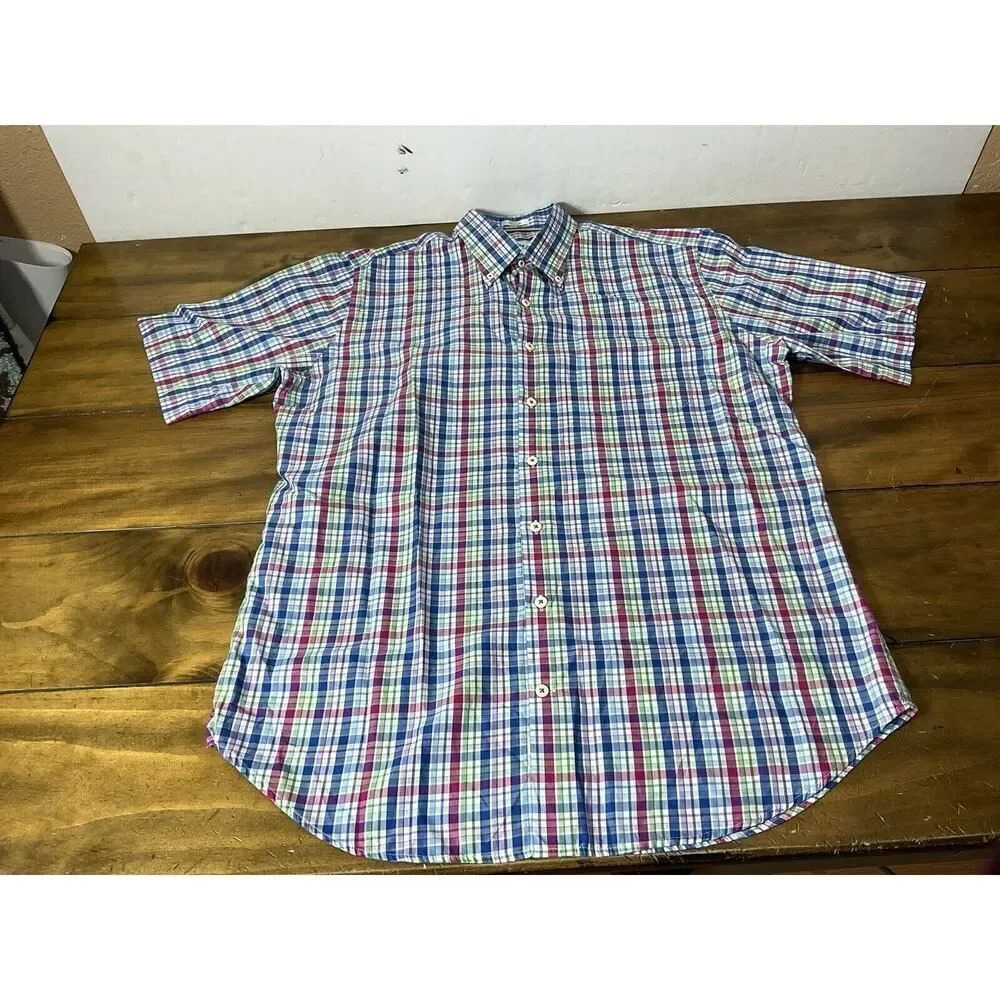 Peter Millar 100% Cotton Button-Up Shirt Colorful Plaid Short Sleeve Mens Large